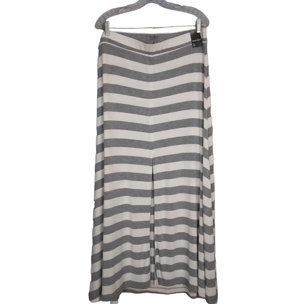 New York & Co | Soho Street Striped Knit Maxi Skirt Front Slit Gray White | Sz L
